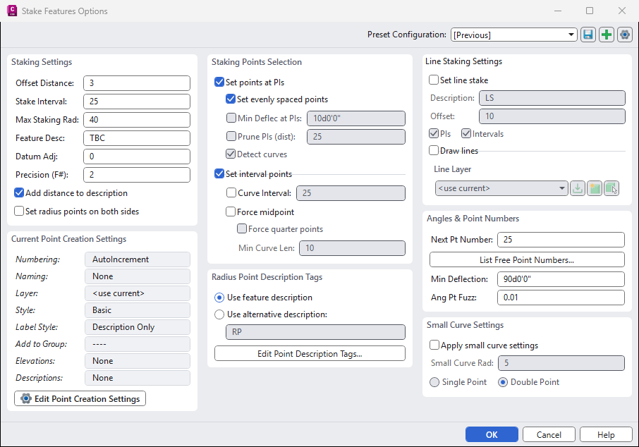 The Stake Features options: the staking settings, the points selection, line staking, angles and point numbers.