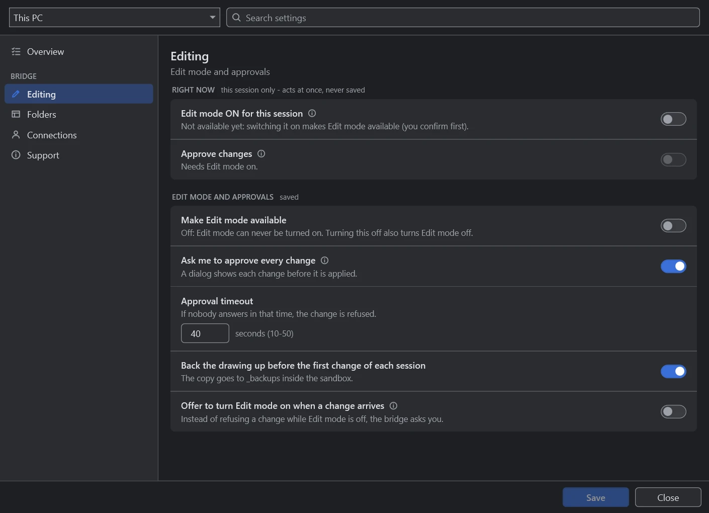 The CAD Bridge's editing settings: Edit mode for this session, approval of every change, the approval timeout and the backup before the first change.