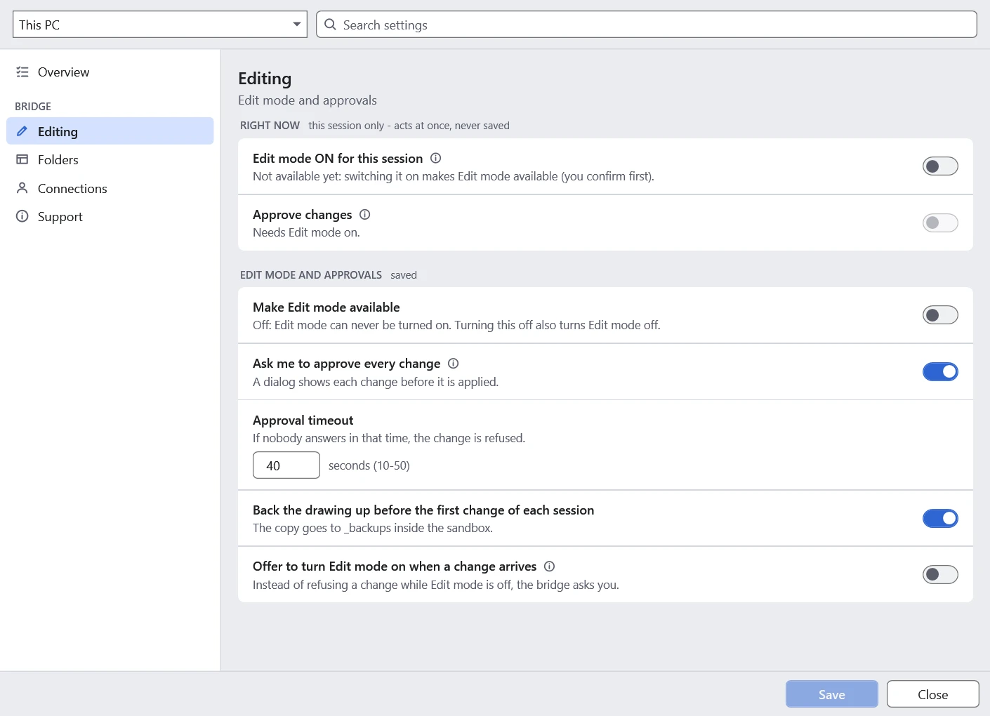 The CAD Bridge's editing settings: Edit mode for this session, approval of every change, the approval timeout and the backup before the first change.